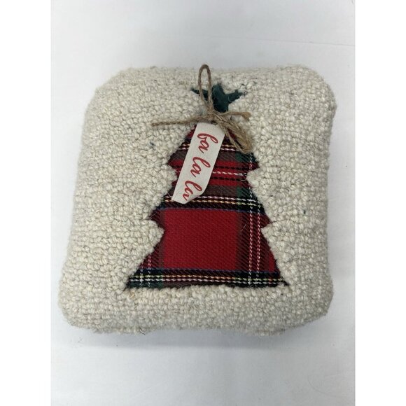 Mud Pie Hooked Wool Plaid Christmas Tree 8" Pillow Velvet Back Fa La La - Picture 1 of 11